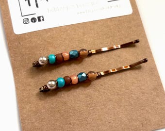 Beaded Bobby Pins – Ivory and Hot Pink Hair Pins, Set of 2