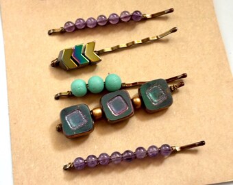 Beaded Bobby Pins – Handmade Bronze Hair Pins Set of 5