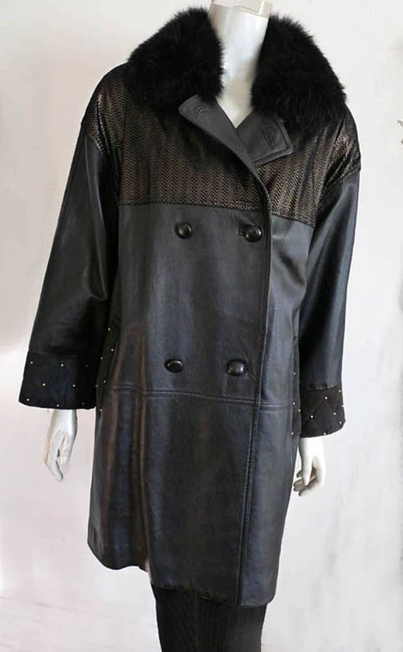 Diane Freis jacket leather coat Fox fur collar Bla