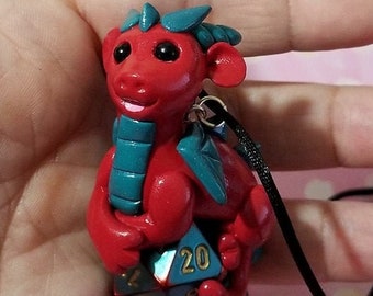 Red and Teal Baby Dragon D20 Necklace-dice dragon necklace, D20 necklace, dungeons and dragons, DnD