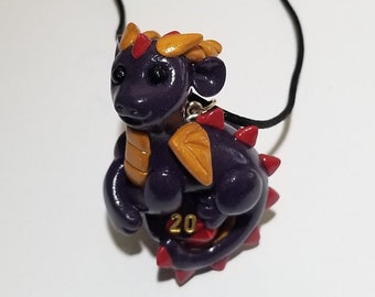 Purple, Gold and Red Baby Dragon D20 Necklace-dice dragon necklace, D20 necklace, dungeons and dragons, DnD