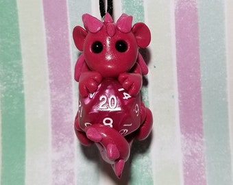 Pink Baby Dragon D20 Necklace-dice dragon necklace, D20 necklace, dungeons and dragons, DnD