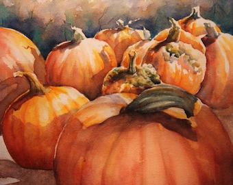 May include: A watercolor painting of a group of pumpkins in various shades of orange and brown. The pumpkins are arranged in a semi-circle, with the largest pumpkin in the center. The background is a soft, blurred image of trees and sky.