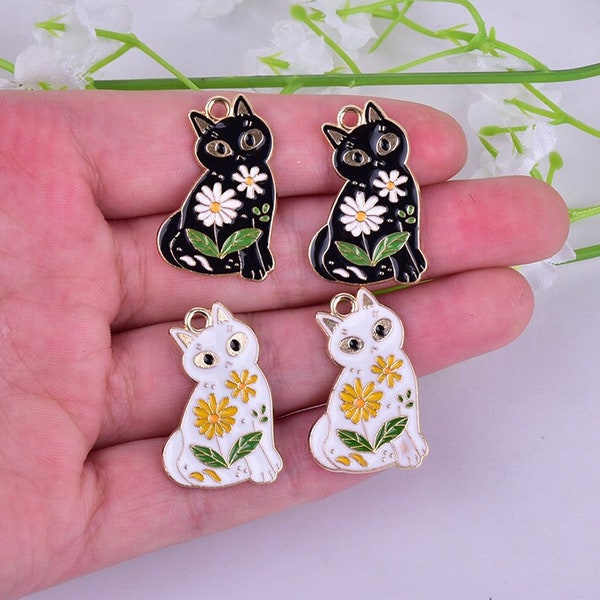 2pcs Enamel Cat Pendant,Cat Daisy Flower Pendants,Enamel Black Cat Charm,DIY Bracelet Necklace Earring