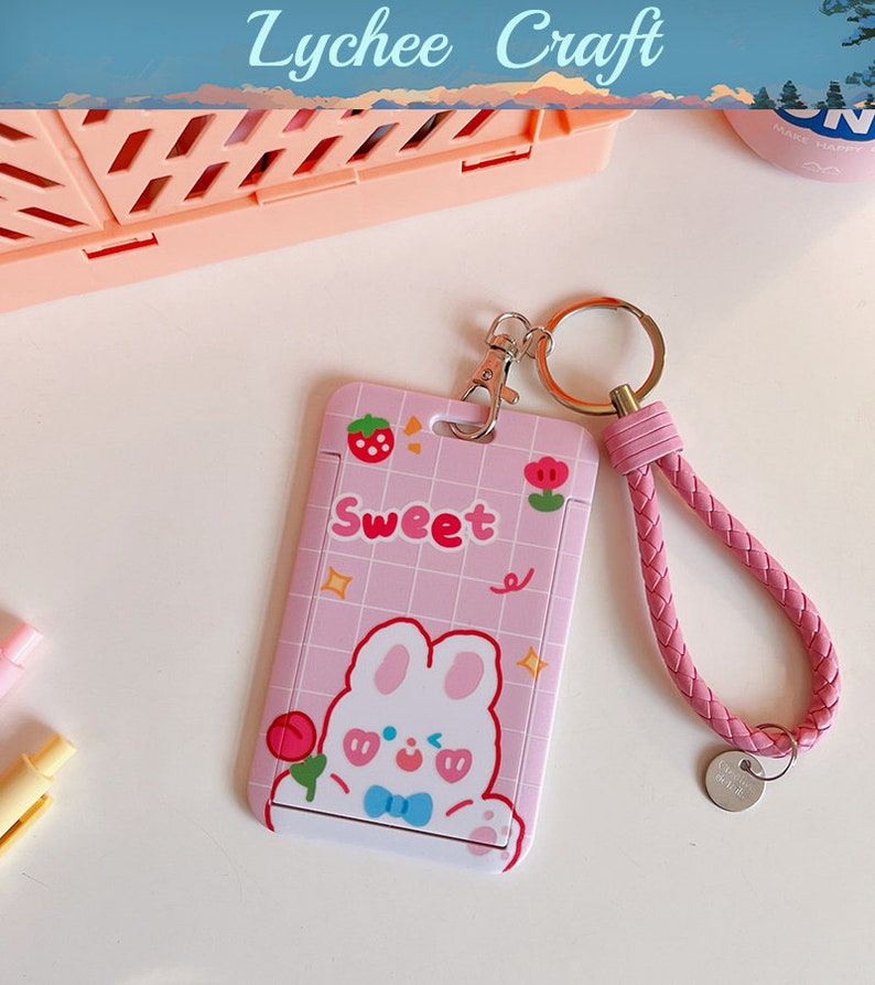 Cute ID Holder With Leather Strap Keychain Kawaii ID Holder Etsy