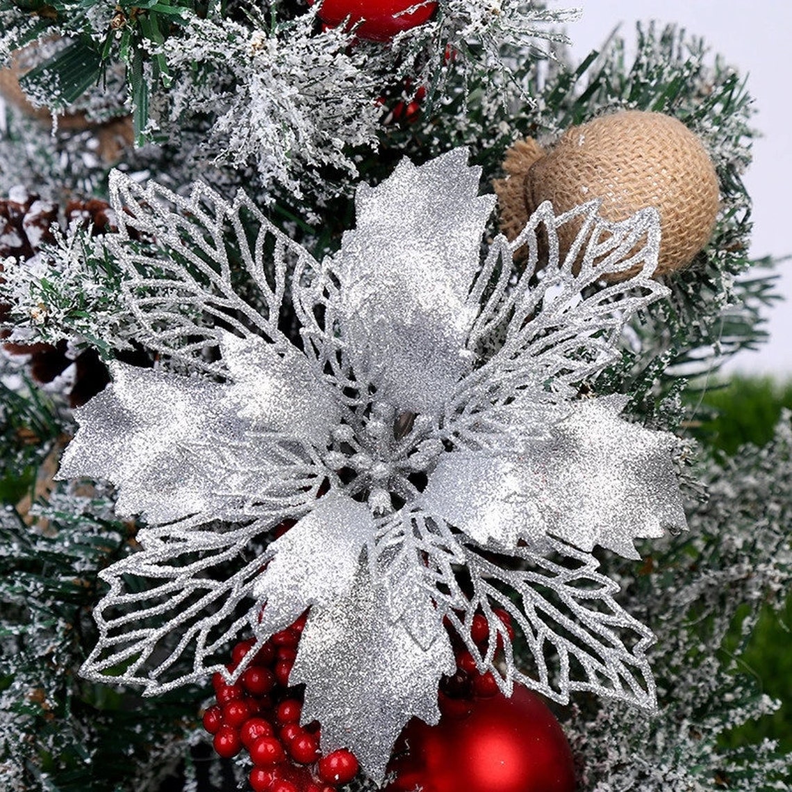 6pcs/12pcs Glitter Artificial Flowers Merry Christmas Etsy