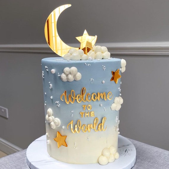 Moon Star Cake Topper Welcome to The World Gold Cake Topper for Birthday Party Baby Shower Decor