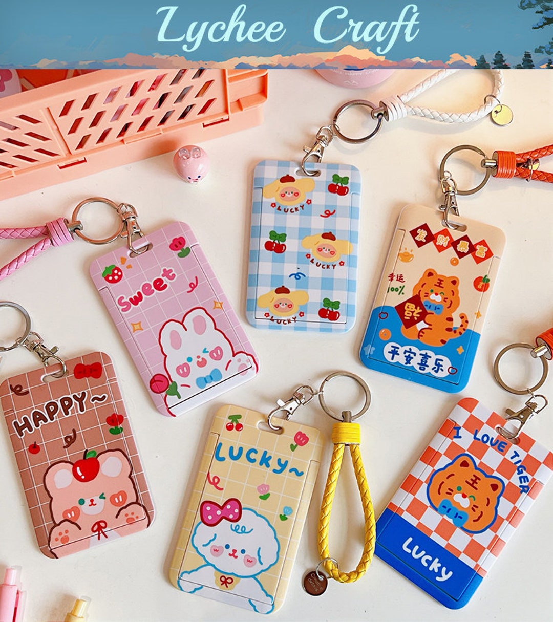 Cute ID Holder With Leather Strap Keychain, Kawaii ID Holder, Cute
