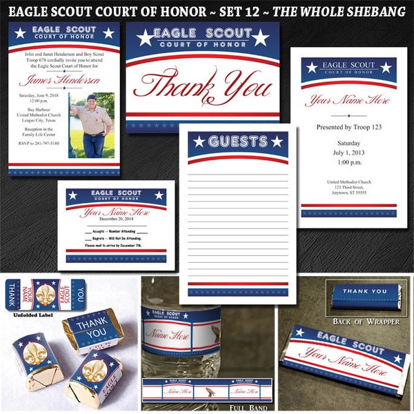 Custom Eagle Scout Court of Honor Set 12:  The Whole Shebang- Invites, Programs, Thank You, Nugget Wrappers, Water Bottles, Thank You, RSVP