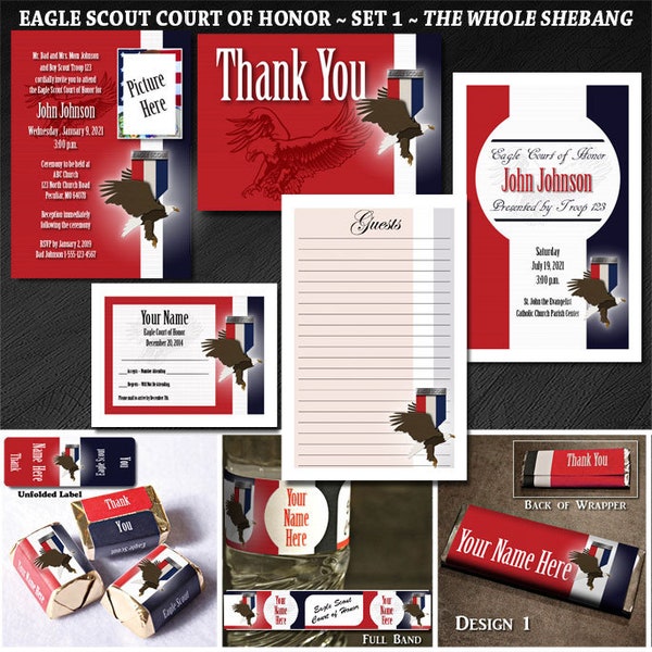 Custom Eagle Scout Court of Honor Set 1:  The Whole Shebang- Invites, Programs, Thank You, Nugget Wrappers, Water Bottles, Thank You, RSVP