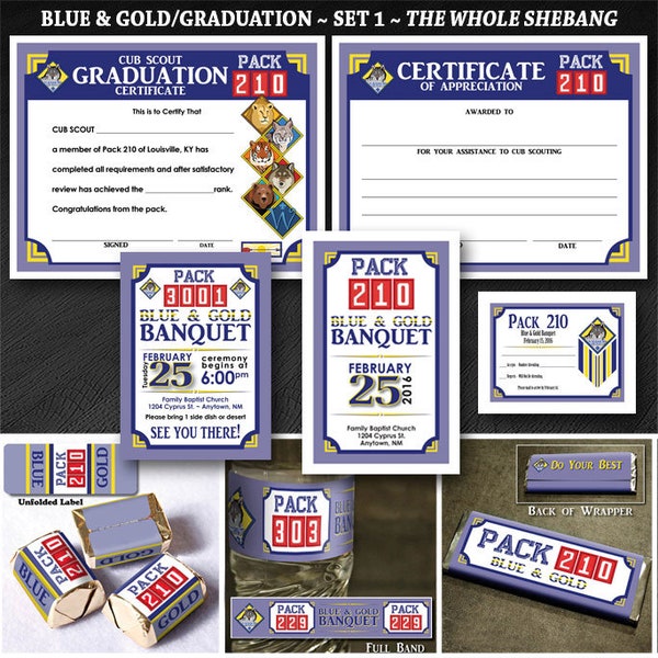 Custom Cub Scout Blue & Gold / Graduation Set 1:  The Whole Shebang- Invites, Certificates, Candy Bar, Nugget Wrappers, Water Bottles, RSVP