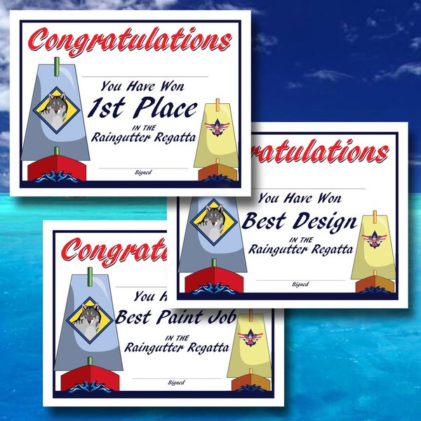 Instant Download! - Raingutter Regatta Certificates-15 Different, Cub Scout, Boy Scout, Summer Event, Sailing, Race