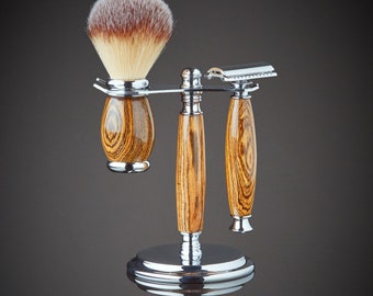 Traditional Shaving Set with Double Edge Safety Razor and shaving Brush made from Tiger wood