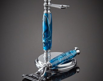 Shaving Set for Gillette Men's or Women's Blades in Hand Mixed Aqua Blue Acrylic