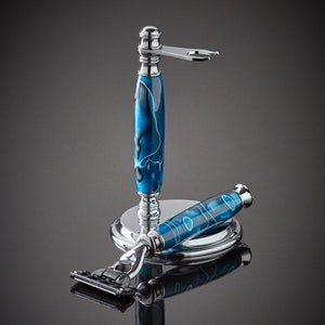 Shaving Set for Gillette Men's or Women's Blades in Hand Mixed Aqua Blue Acrylic image 1