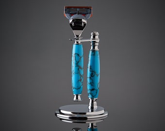 Shaving Set Razor and Stand made from Genuine Turquoise Stone