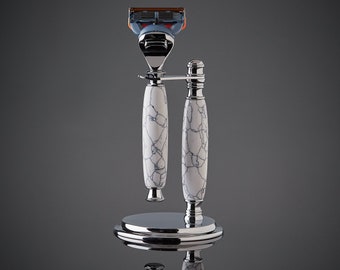 Shaving Set Razor and Stand made from Genuine White Marble Stone