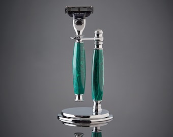 Shaving Set Razor and Stand made from Genuine Malachite Stone