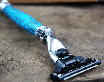 Shaving razor made from Turquoise stone for Gillette Mach 3 and Venus family of blades. Shaving and grooming