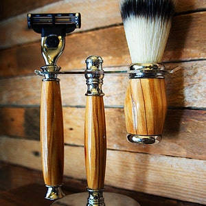 Shaving set with hardwood razor and badger brush set-The perfect shaving set-  Made from Olive wood