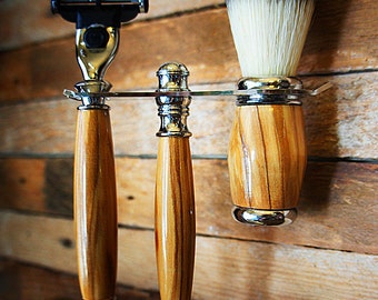 Shaving set with hardwood razor and badger brush set-The perfect shaving set-  Made from Olive wood