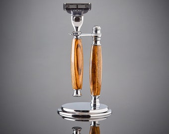 Tiger wood shaving set | wooden razor and matching metal stand | Fits Gillette Mach 3 and Venus blades