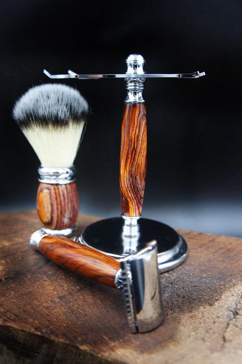 Gift for him Rosewood Shaving Kit Razor and Stand Gift for boyfriend Gift for husband image 2