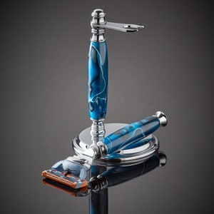 Shaving Set for Gillette Men's or Women's Blades in Hand Mixed Aqua Blue Acrylic image 8