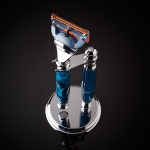 Shaving Set for Gillette Men's or Women's Blades in Hand Mixed Aqua Blue Acrylic image 7