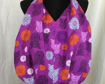 Purple owl tote bag, owl tote, cloth shoulder bag, owl beach bag