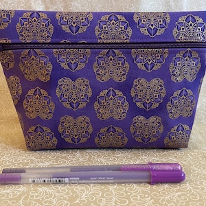 purple and gold cosmetic zipper bag, purple and gold pencil bag