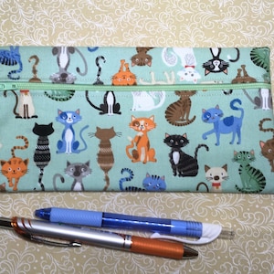 tiny cats pencil bag, tiny cats on teal  zipper pouch