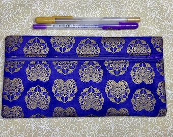 royal purple pencil bag, purple and gold zipper pouch