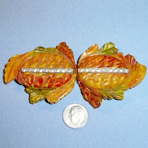Fancy Vintage Butterscotch Bakelite and Rhinestone Belt Buckle