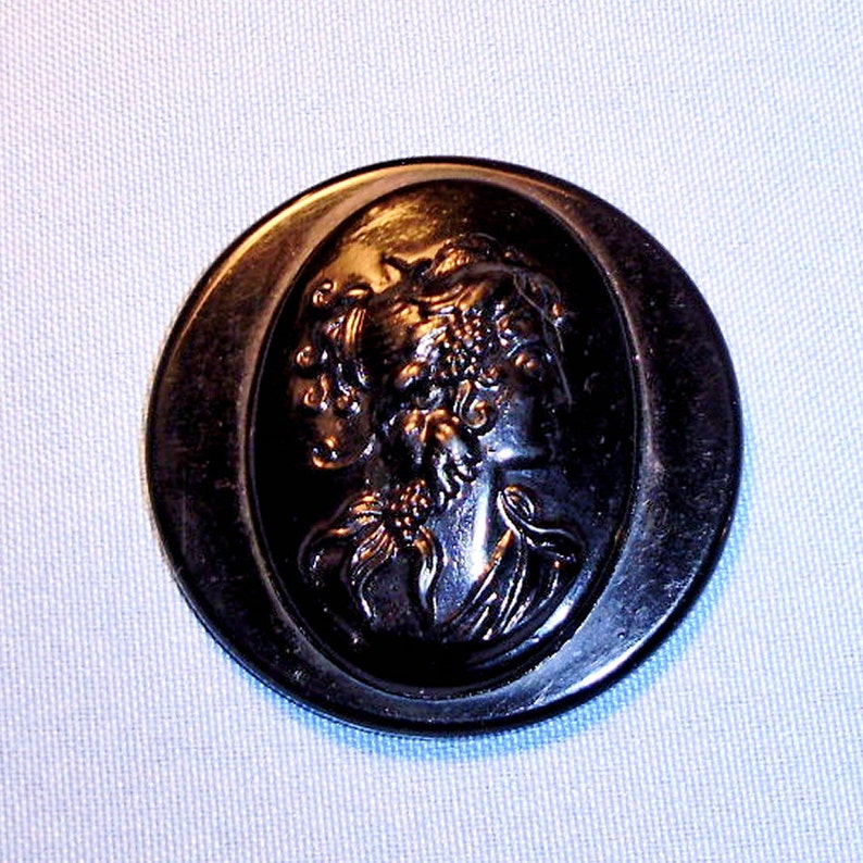 Large Celluloid Plastic Black Cameo Womans Head Vintage Button