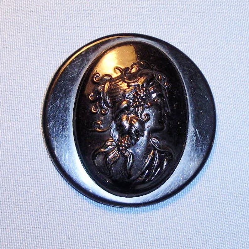 Large Celluloid Plastic Black Cameo Womans Head Vintage Button