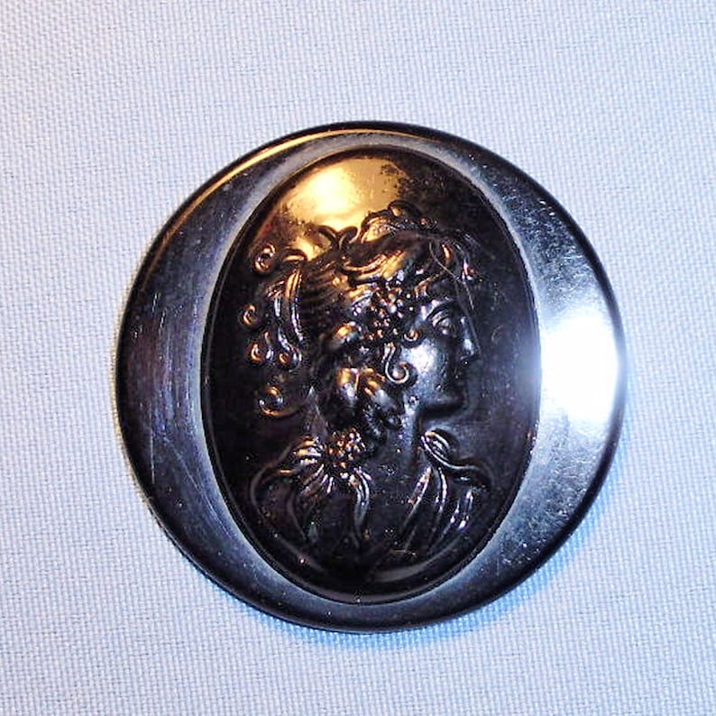 Large Celluloid Plastic Black Cameo Womans Head Vintage Button