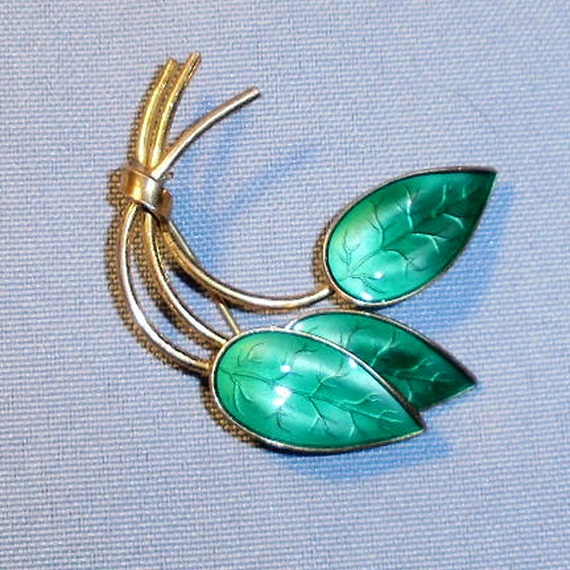 Sterling Silver and Enamel Norway Leaf Pin - image 3