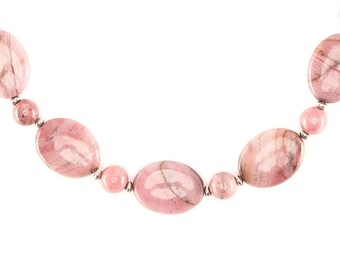 Ensemble de collier de déclaration fait à la main, ensemble de bijoux perlés roses avec boucles d’oreilles de bracelet de collier, ensemble de bijoux faits à la main en rhodonite et en argent sterling