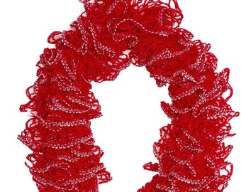 Foulard à volants rouge étincelant fait à la main, foulard tricoté court avec bordure argentée pour Noël, foulard rouge à froufrous à froufrous de style sashay tricoté à la main