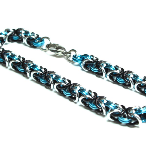 Byzantine Chainmaille Bracelet | Hand Crafted Chainmaille Jewelry | Handmade Bracelet | Light Blue, Black, and Silver | Anodized Aluminum