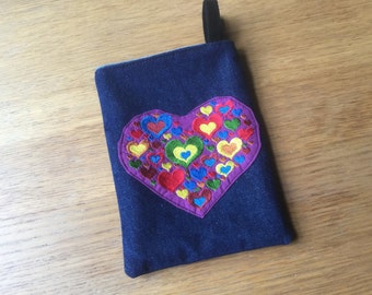 Heart in Heart Jeans Bag, Dice Bag, Gift Bag, Pipe Bag, Jewelery Bag, Knitting Pouch. 15 x 20 cm (7 x 8 inch)