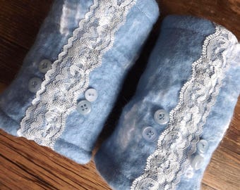 Nuno Felted and silk Wrist Warmers, cuffs with lace and button detail. Pastel Blue.