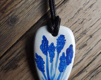Floral, hand painted ceramic pendant with black cord necklace