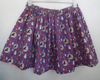 Goth Adult Halloween Skirt, purple with ghosts and witches on broomsticks. Elasticated Waist.  Size Medium to Large