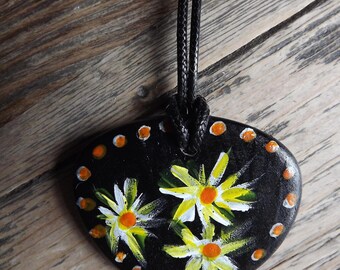 Floral, hand painted ceramic pendant with black cord necklace