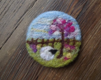 Needle felted brooch of sheep inspired by a Spring Day.  Ready to Dispatch.