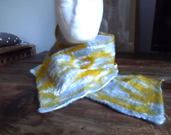 Nuno felted  scarf in lovely shades of soft merino wool, lightweight and comfortable. Golden Yellow and Light Grey.