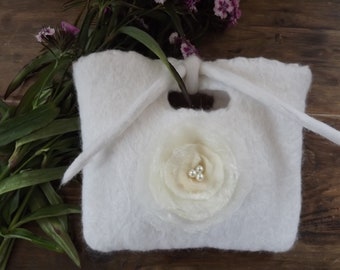 Gorgeous, White, Wedding, Bridal, Bridesmaid, Hand Felted Bag with Flower Corsage Embellishment, Beading and self tie.