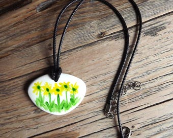Floral, hand painted ceramic pendant with black cord necklace